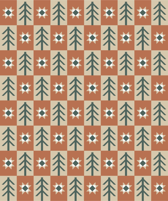 Thumbnail: Quilt pattern with evergreen trees and starbursts