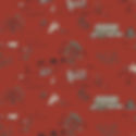 Red fabric with sporadic country images like a rail fence, lamb, and long house