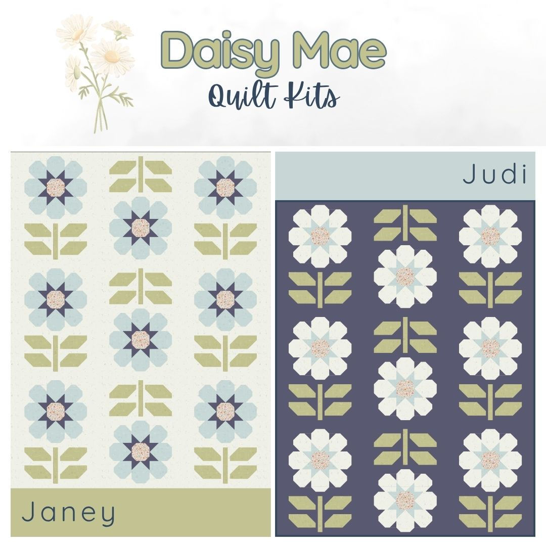 Daisy Mae quilt kits in blues, green and white