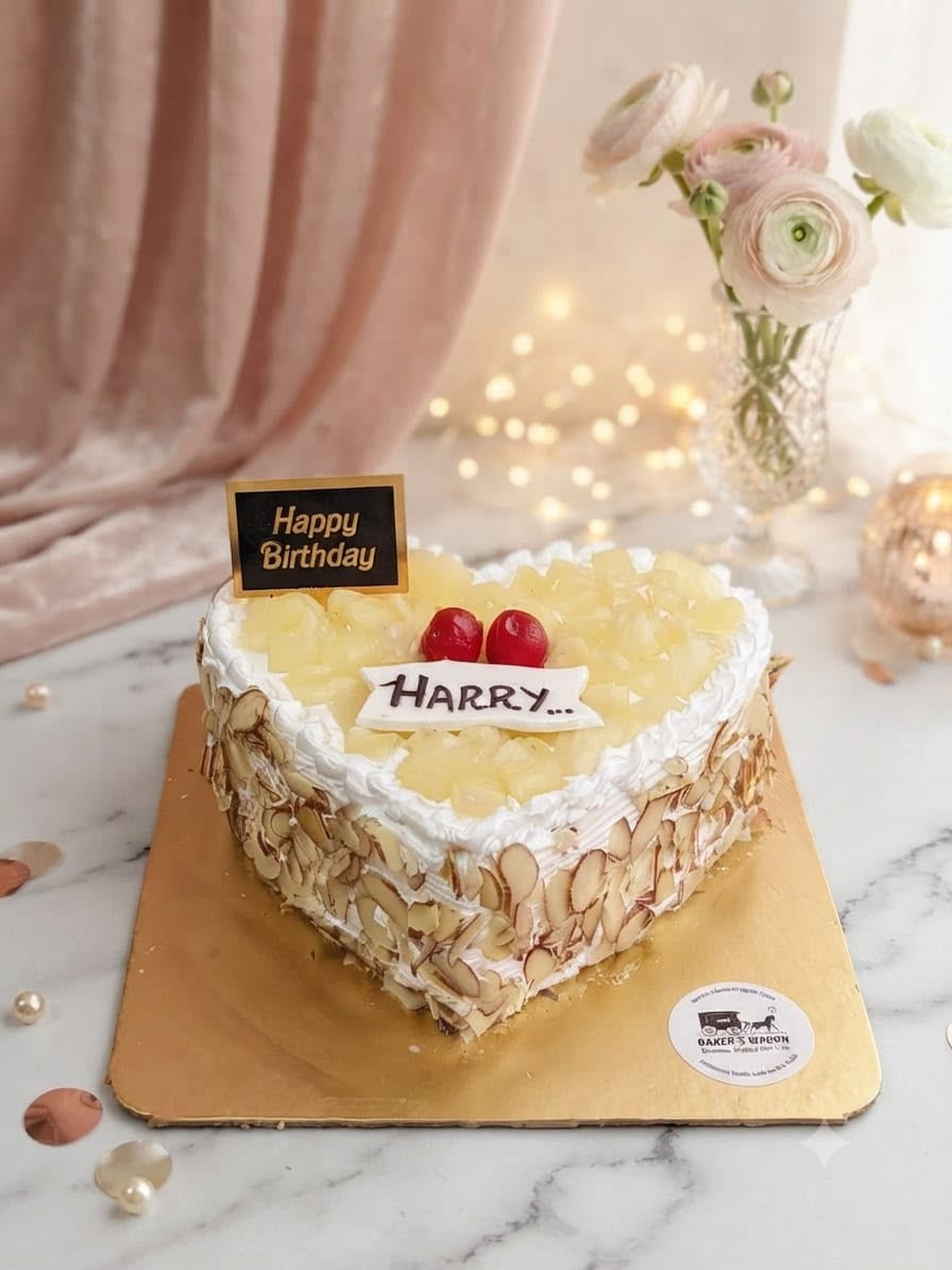 Eggless Heart Shape Pineapple Almond Cake for online cake delivery in Jammu by Baker's Wagon.