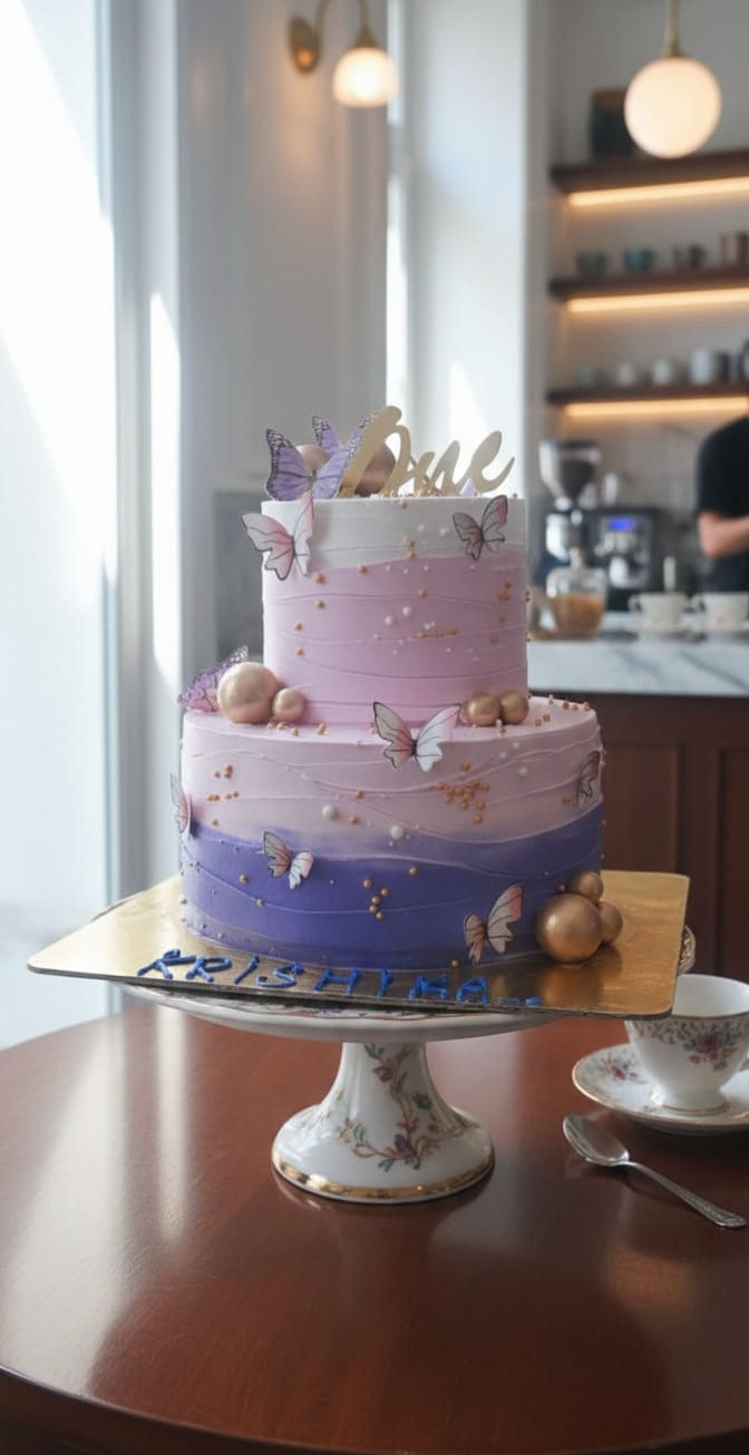 Two-tier enchanted butterfly two-tier first birthday cake with ombre frosting on a cake stand.