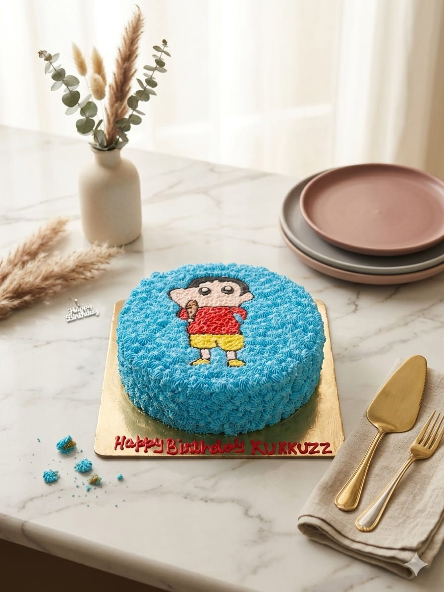 Blue Shinchan cartoon theme birthday cake with hand-piped frosting.