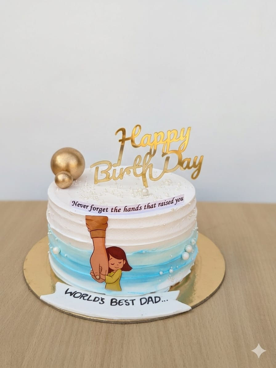 A white and blue ombre birthday cake for dad featuring a hand-in-hand illustration, gold toppers, and pearls.