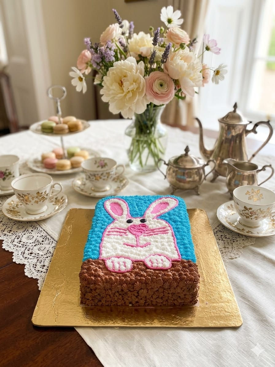 Bunny Face Eggless Birthday Cake made by Bakers Wagon on a table with tea set and flowers.