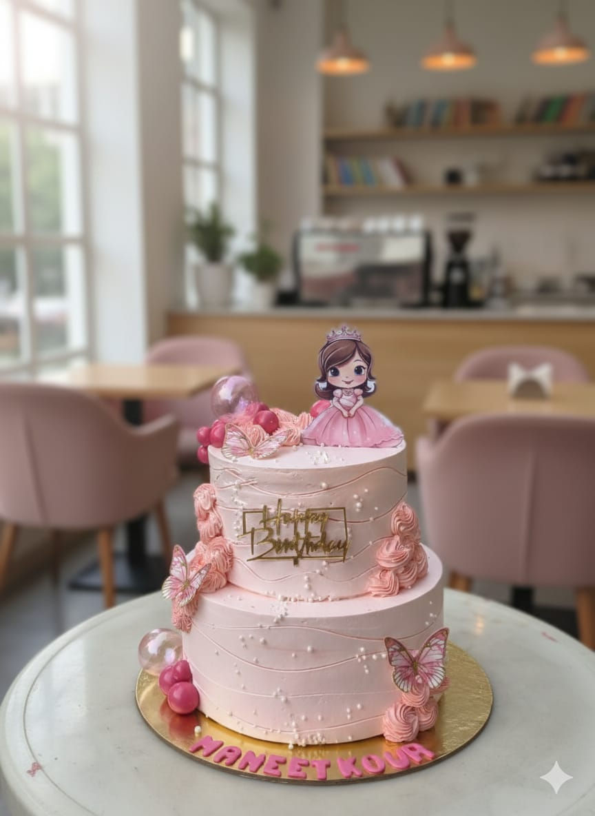 Two-tier pink princess theme birthday cake decorated with butterflies, pearls, and a princess topper on a table.