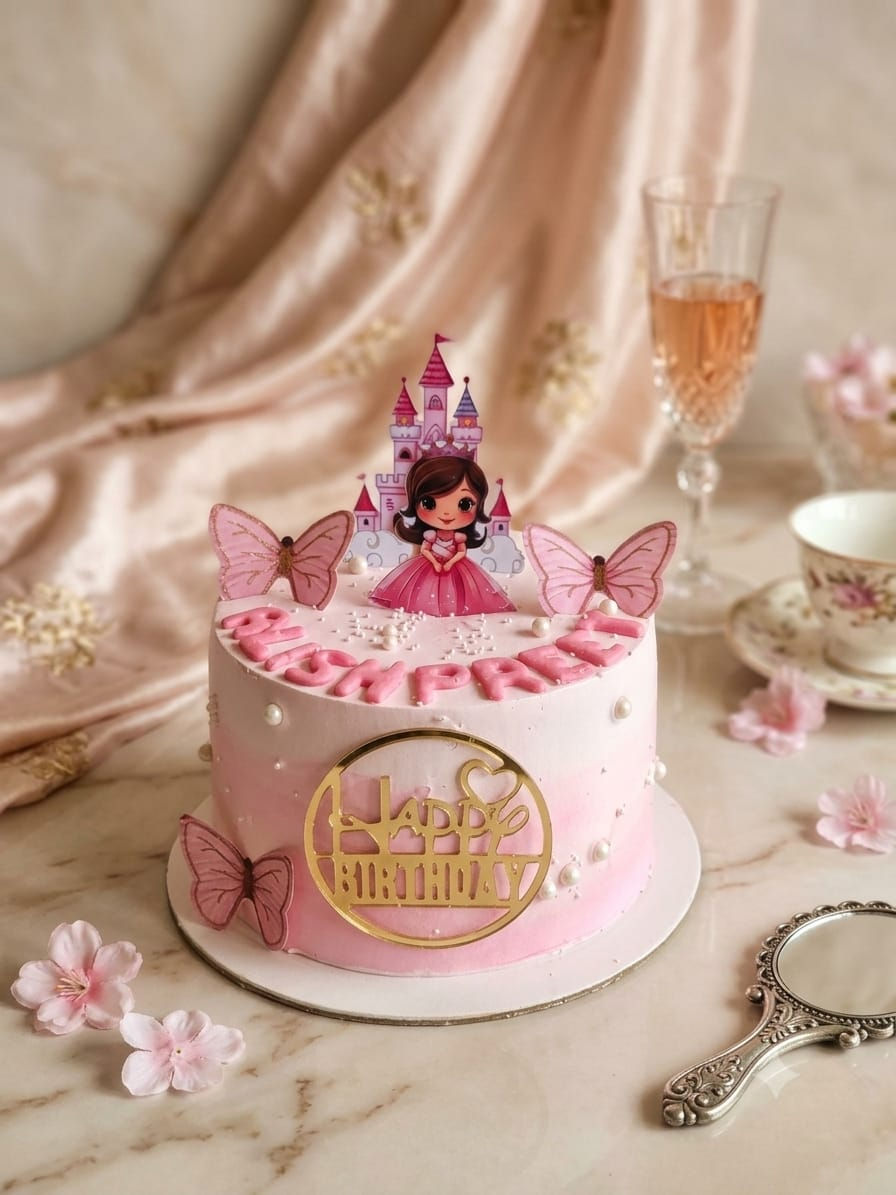 Fairytale Princess Theme Birthday Cake with castle topper, butterflies, and customized name for eggless cake delivery jammu