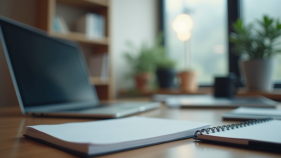 Eye-level view of a modern office desk with a laptop and notebook