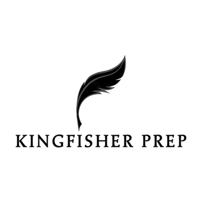 Kingfisher Prep logo with feather, and black text on a transparent background.