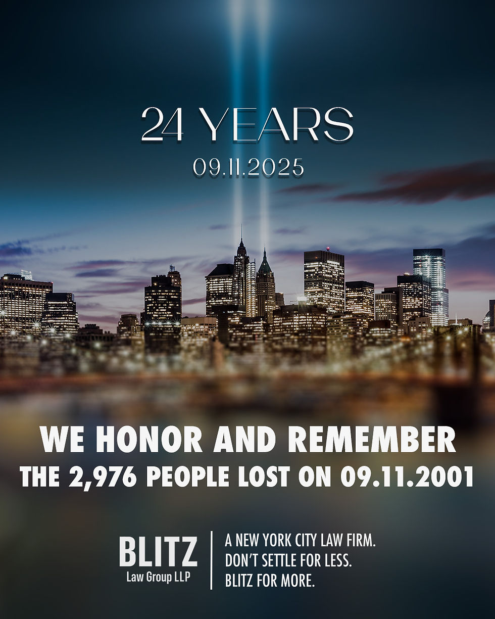 Skyline with memorial lights. Text: "24 Years, 09.11.2025. We honor and remember the 2,976 people lost on 09.11.2001." Somber mood.