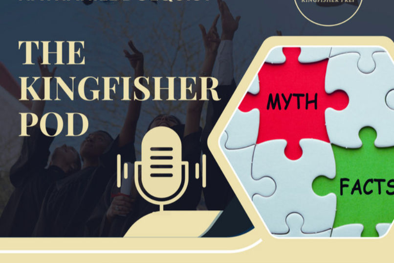 Podcast cover for The Kingfisher Pod. Microphone icon, people in gowns cheering. Puzzle pieces with "MYTH" (red) and "FACTS" (green).