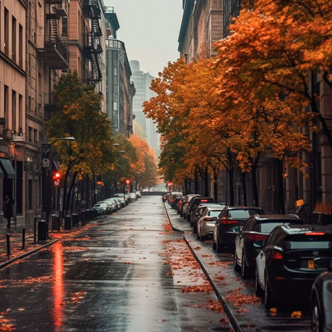 Rainy city street lined with parked cars and orange autumn trees. Wet pavement reflects buildings and red traffic lights, creating a moody scene.
