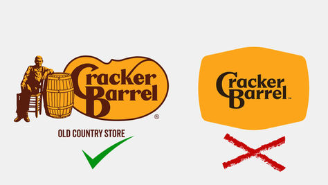 Cracker Barrel logo comparison. Left: old logo with man, barrel, text, and green check. Right: simpler logo with red X. White background.