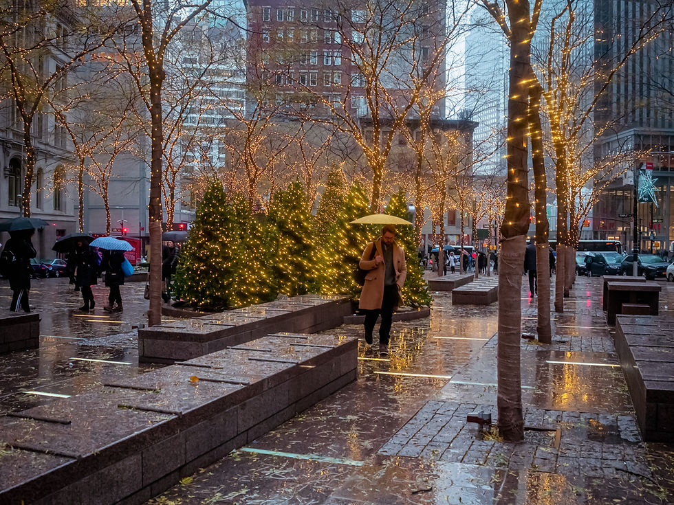 People walk under umbrellas on a rainy city street decorated with twinkling lights and trees. Festive, warm atmosphere.