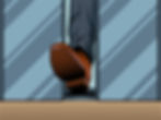 Brown shoe steps into an elevator with blue reflective doors. The setting is indoors, with a patterned beige floor. Mood is tense.