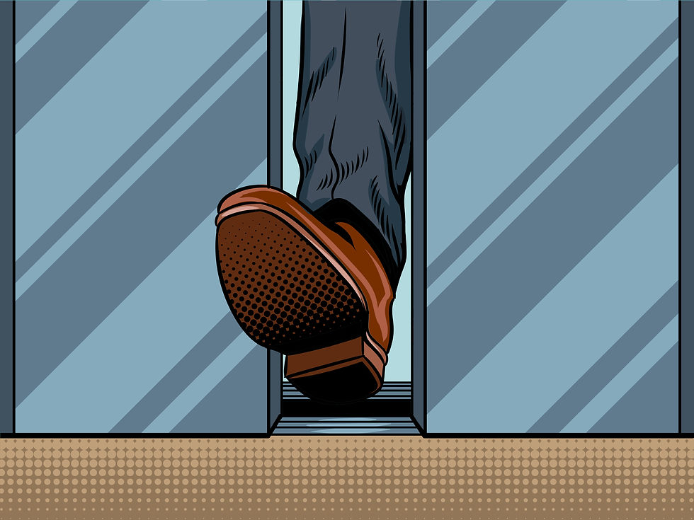 Foot in brown shoe stops elevator doors from closing. Background has mirrored panels and beige dotted carpet, conveying urgency.