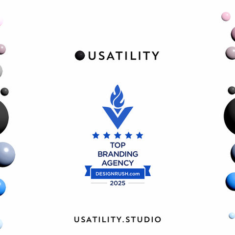 Award certificate for "Top Branding Agency 2025" by DesignRush. Surrounded by colored spheres. Text: USATILITY, USATILITY.STUDIO.