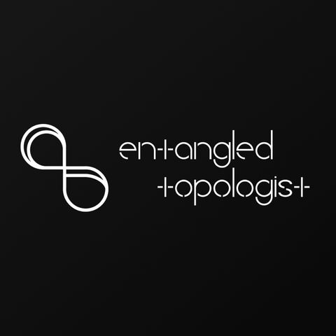 Abstract white infinity symbol with the text "entangled topologist" on black background. Sleek and modern design.