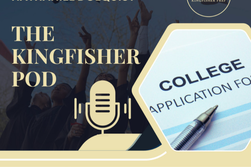 Graduates in caps and gowns celebrate under a blue sky. "The Kingfisher Pod" in bold text, a microphone icon, and a college form.