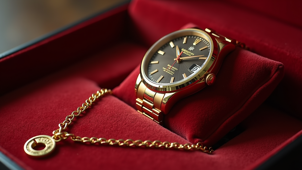 Close-up view of a gold necklace and watch on a velvet display