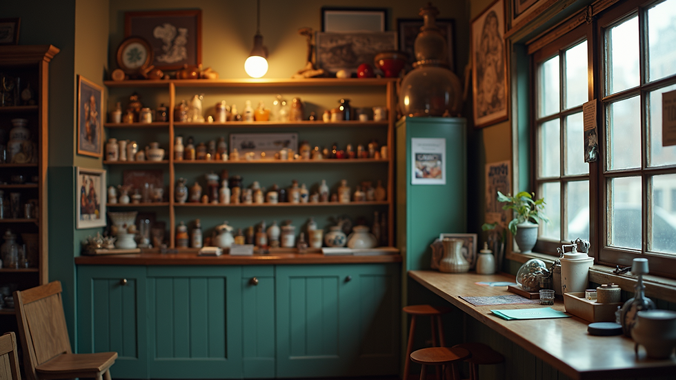 Eye-level view of a cozy pawn shop interior with various items on display
