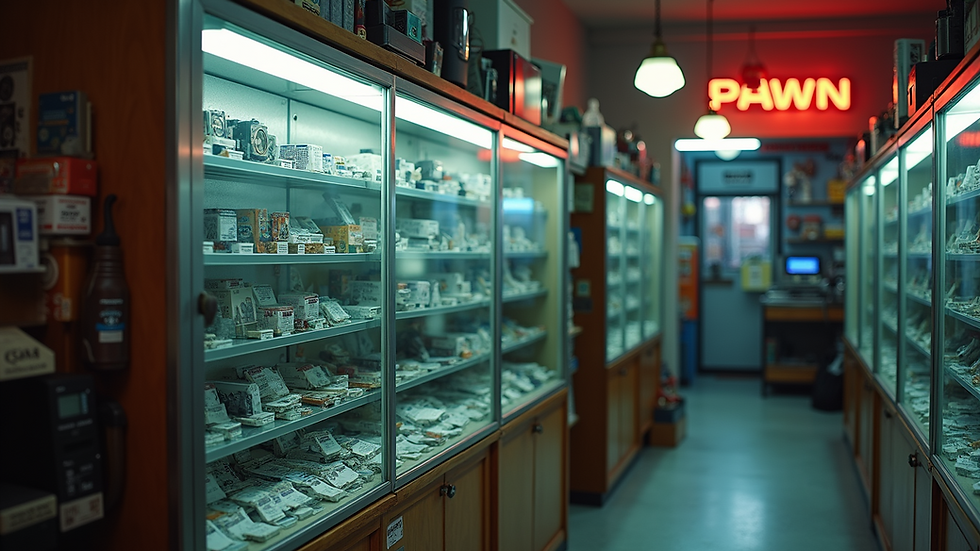 High angle view of a pawn shop display case filled with electronics and gadgets