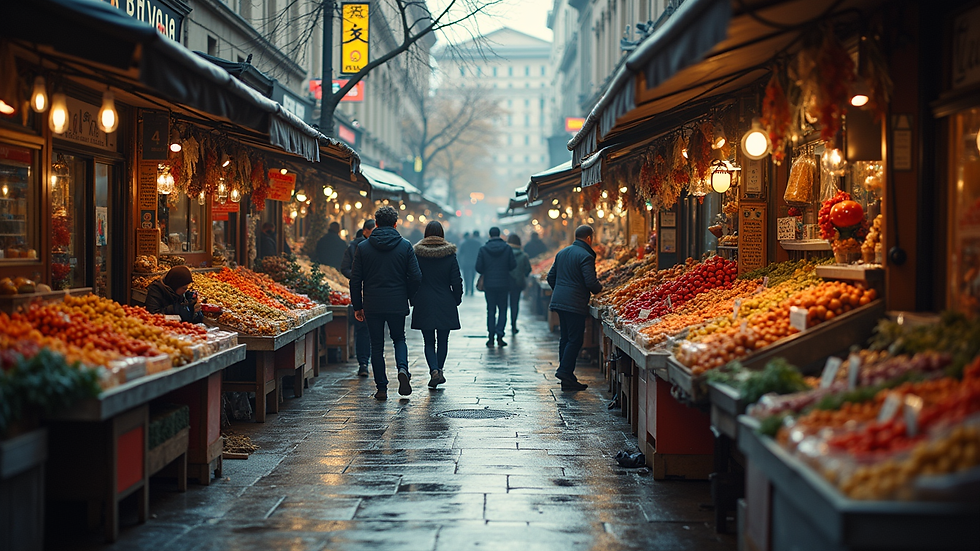 High angle view of a busy Ottawa marketplace with various stalls and shoppers