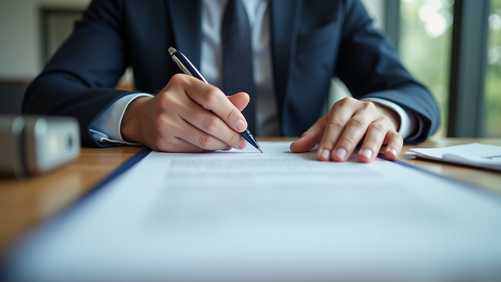 Close-up view of a landlord reviewing tenancy agreement documents at a desk