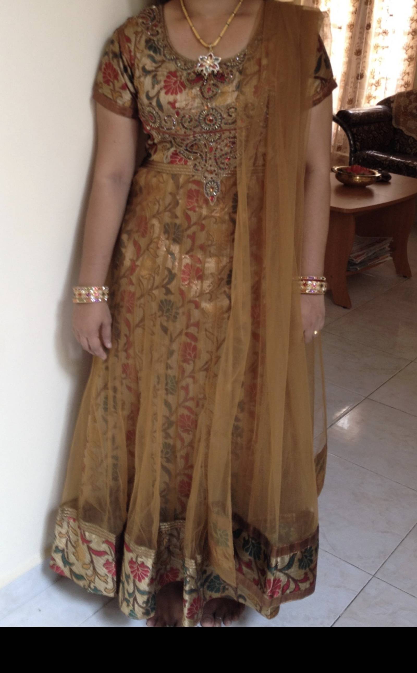 Embroidered Gold Anarkali Dress with Dupatta