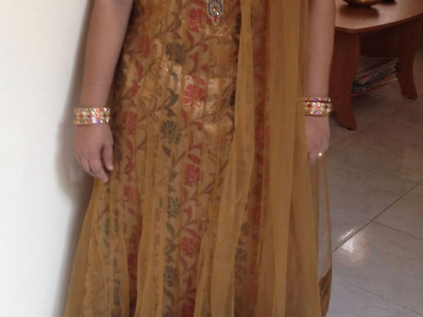 Embroidered Gold Anarkali Dress with Dupatta