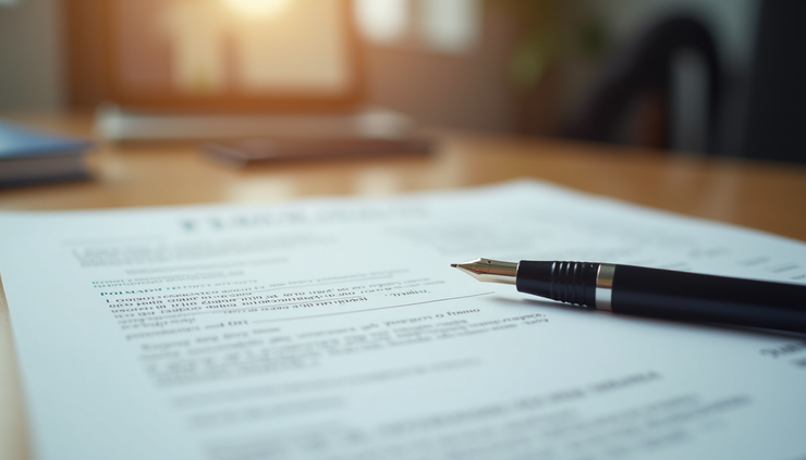 Close-up view of a legal document and pen on a desk