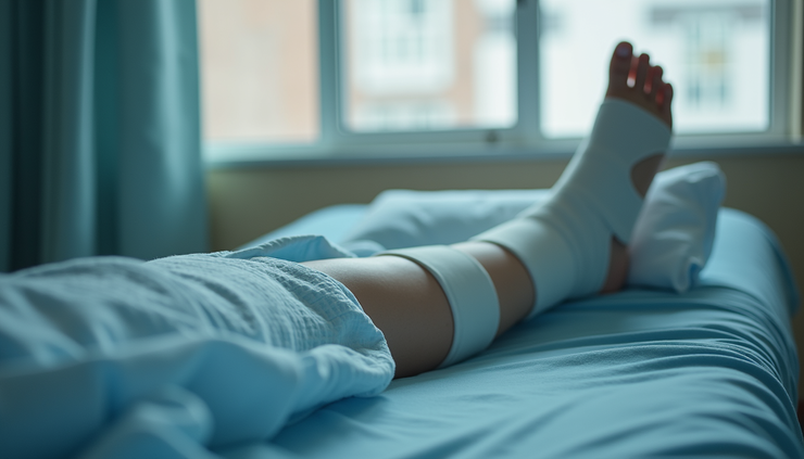 Close-up view of a hospital bed with a cast on a broken leg