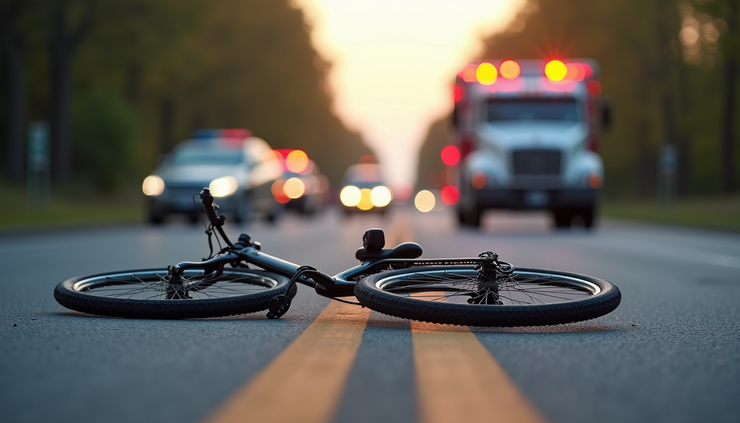 Eye-level view of a bicycle lying on the road after an accident