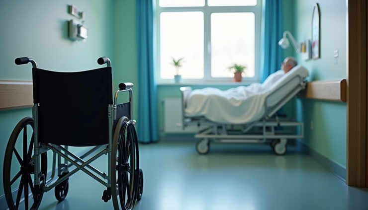 Close-up view of a wheelchair next to a hospital bed