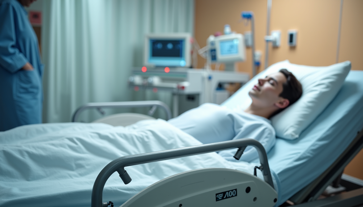 Close-up view of a hospital bed with medical equipment and support devices for spinal injury care
