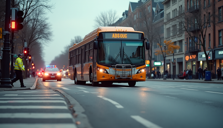 Eye-level view of a city bus stopped at an intersection after an accident