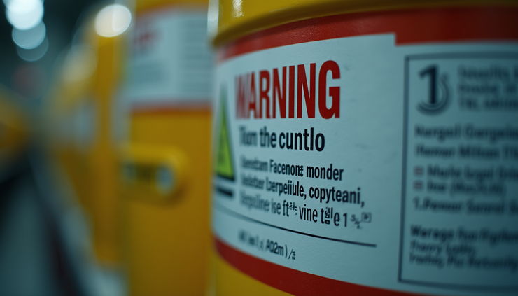 Eye-level view of a warning label on a chemical container highlighting safety instructions