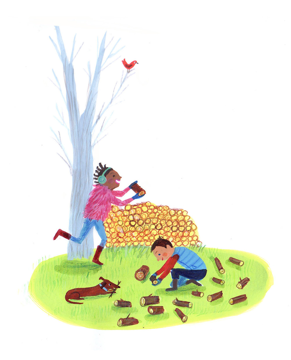 Alec and Rosa are stacking firewood.