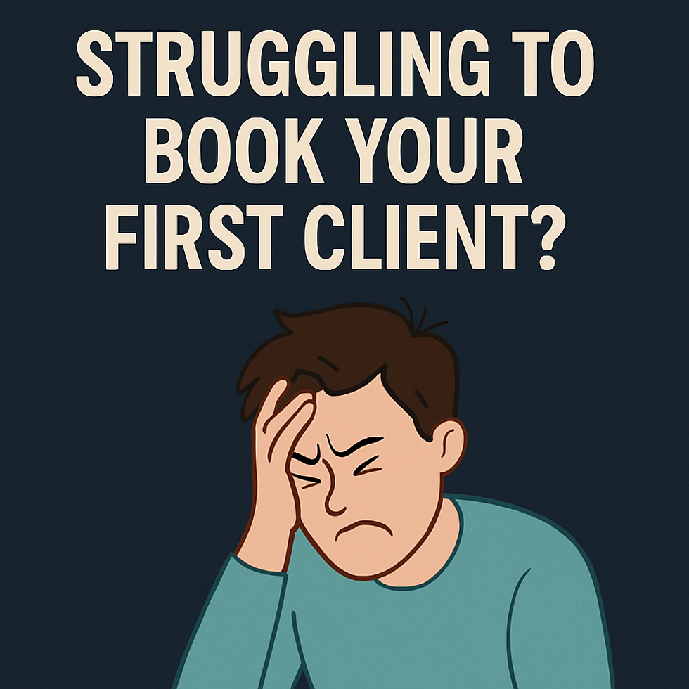 Frustrated young man holding his head in stress beneath bold text that reads “Struggling to book your first client?” on a dark blue background — representing the challenges of getting clients as a beginner.