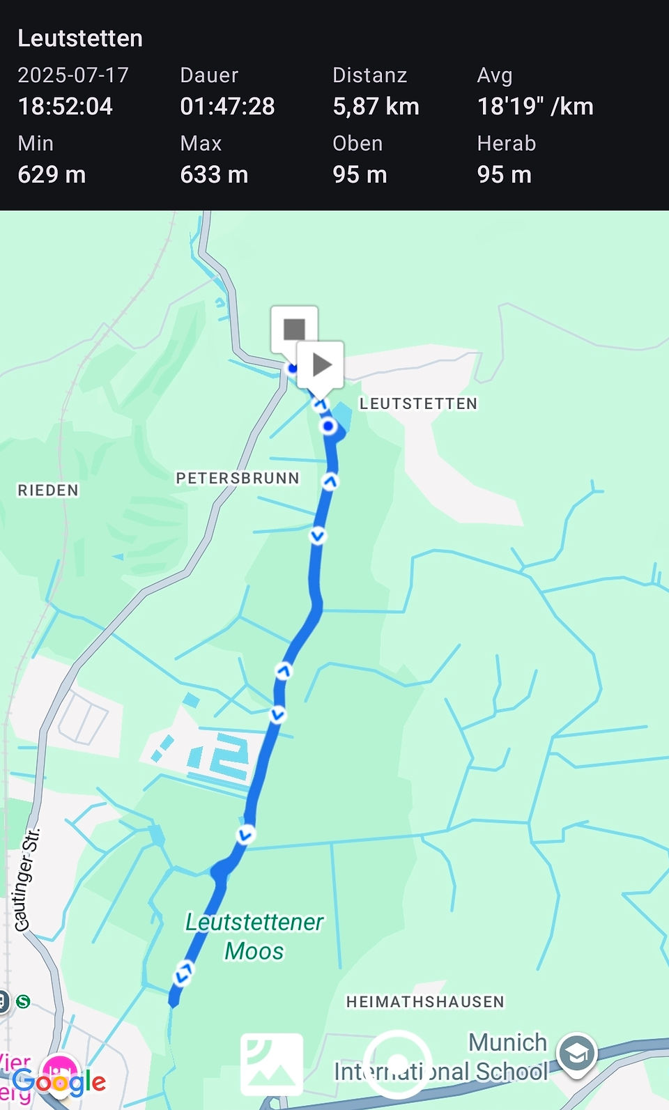 Karte der Kajaktour im Leutstettener Moos auf der Würm bei Starnberg (Bayern/Deutschland)