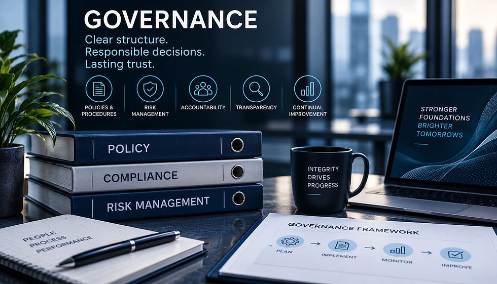 Governance framework showing policies, compliance and risk management supporting organisational accountability and effective business controls.