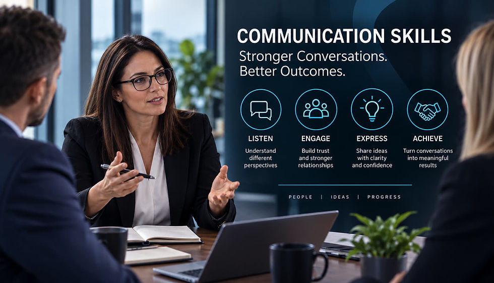 Communication skills diagram showing different communication methods, purposes and approaches for effective workplace engagement.
