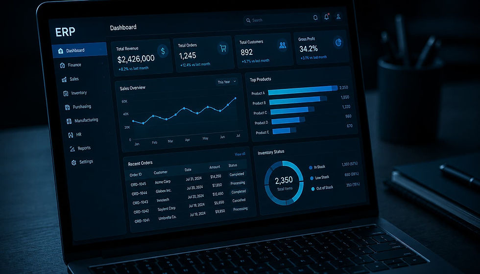 Digital business systems dashboard representing ERP, CDM and intranet access to shared data, communication and operational workflows.