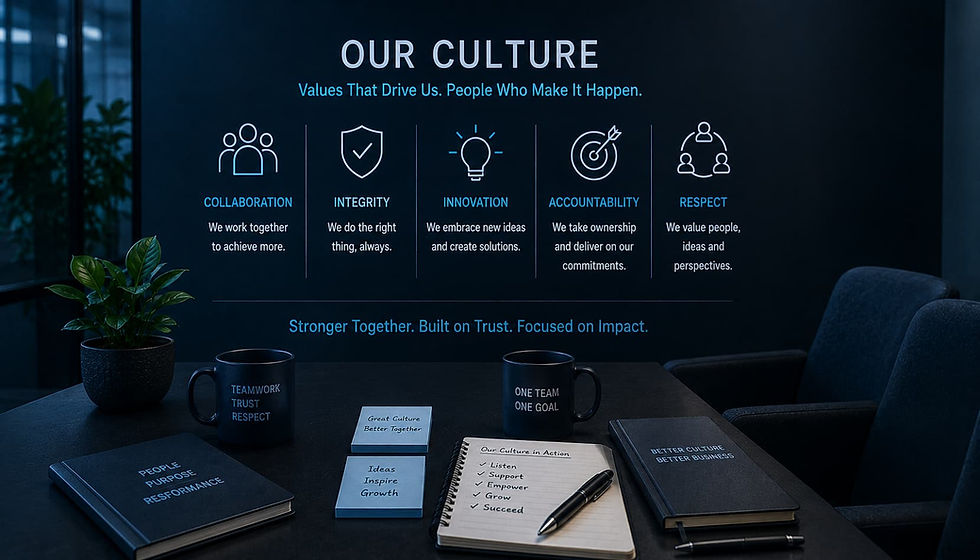 Workplace values display representing company culture development, shared organisational values and employee engagement.