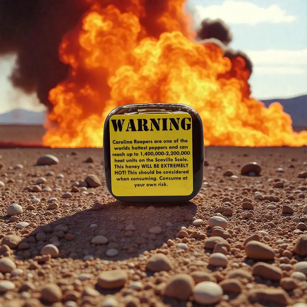 Thumbnail: Mountain Man Honey and Goods "Ticking Time Bomb"-Carolina Reaper shown in 7 oz. container with explosion in a desert setting.