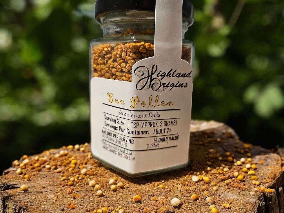 Thumbnail: Elegant glass jar with raw bee pollen in it sitting on a tree stump. Side view.