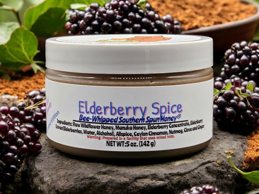 Thumbnail: Elderberry Spice Bee-Whipped Southern Spun Honey. 5 oz. front view.