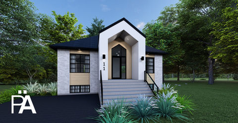 Rendu architectural d’une maison contemporaine à façade symétrique, avec parement en pierre claire, accent noir autour de l’entrée principale en retrait, et perron central avec escalier en béton donnant sur une allée asphaltée, entourée de végétation dense.