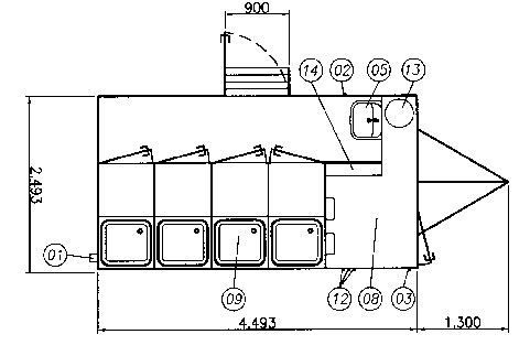 Technische tekeningg van douchewagen met 4 douches