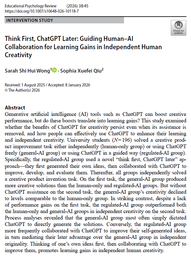 Think First, ChatGPT Later (Wong & Qiu, 2026, Educational Psychology Review)