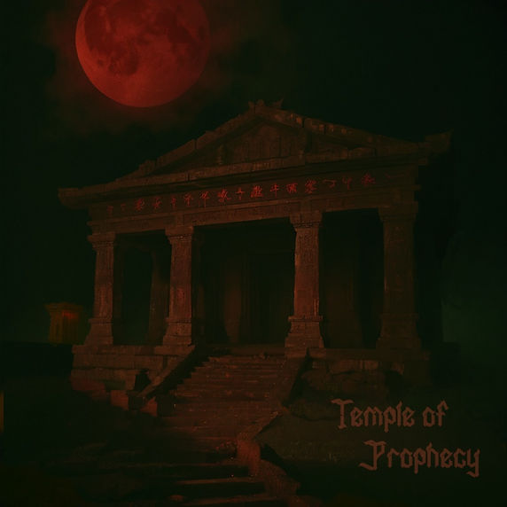 An ancient temple, "The Temple of Prophecy", a blood moon, looms overhead.